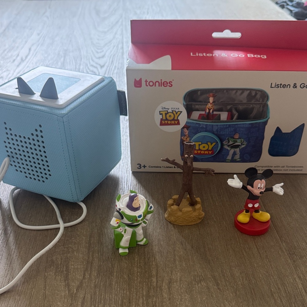 Tonies Set with Blue Box and three Figures plus Toy Story Bag